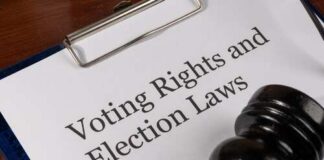 A clipboard with a document titled 'Voting Rights and Election Laws' next to a gavel