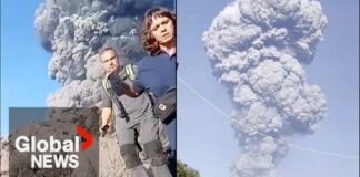 The moment Indonesia’s Mount Dukono erupts, sending hikers running down its slopes