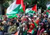 Crowd at a protest holding Palestinian flags