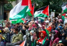 Crowd at a protest holding Palestinian flags