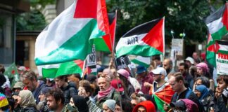 Crowd at a protest holding Palestinian flags