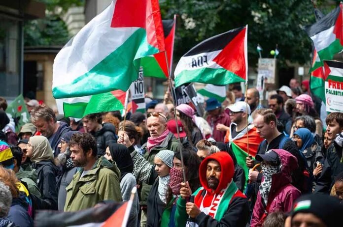 Crowd at a protest holding Palestinian flags
