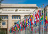 Switzerland Meltdown United Nations building with numerous flags displayed