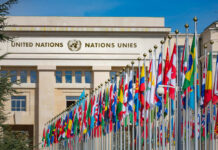 Switzerland Meltdown United Nations building with numerous flags displayed