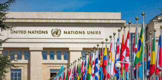United Nations building with numerous flags displayed