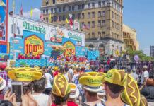Crowd at Nathans Hot Dog Eating Contest stage.