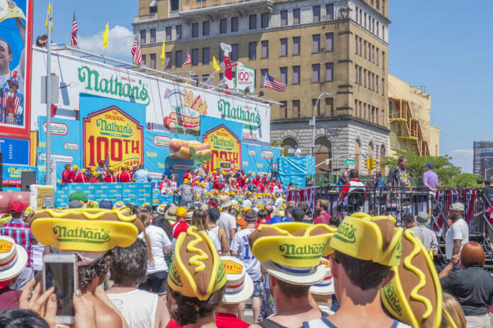 Crowd at Nathans Hot Dog Eating Contest stage.