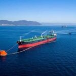 Aerial view of an oil tanker in the ocean