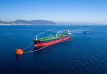 Aerial view of an oil tanker in the ocean