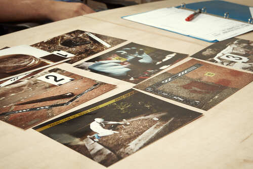 Evidences,Of,Serial,Murders Collection of photographs laid out on a table for analysis
