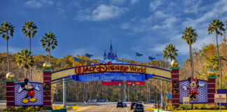 Walt Disney World entrance road with archway and characters.