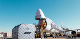 Cargo airplane being loaded with shipping containers at an airport