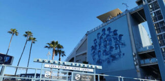 Dodger Stadium entrance with player mural above.