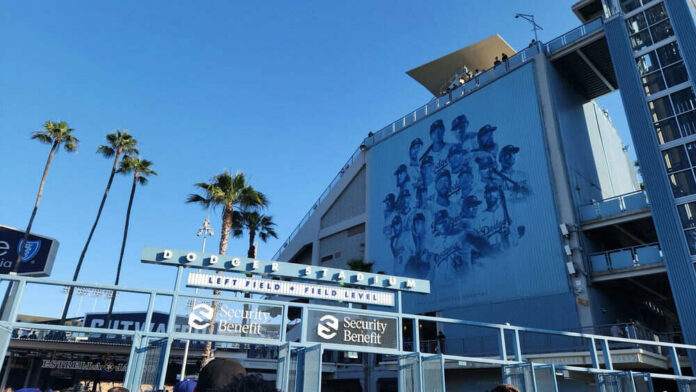 Dodger Stadium entrance with player mural above.
