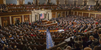 People in a large government assembly hall meeting