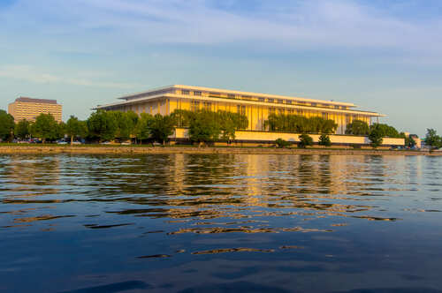 Washington,Dc--july,18,,2018;,View,Of,The,John,F,Kennedy Modern building reflecting on water during sunset