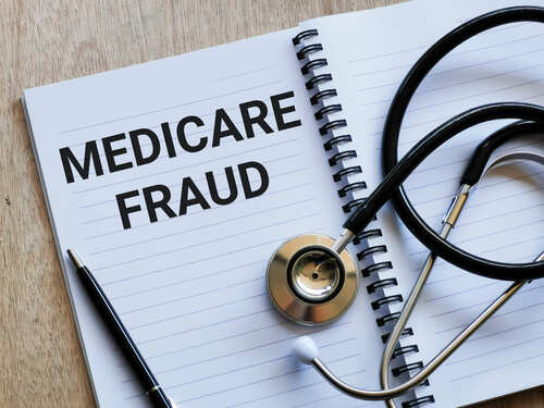Phrase,Medicare,Fraud,Written,On,Note,Book,With,Stethoscope,And Notebook with the words 'MEDICARE FRAUD' and a stethoscope