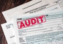 Tax forms with an 'AUDIT' stamp prominently displayed
