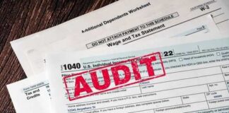 Tax forms with an 'AUDIT' stamp prominently displayed