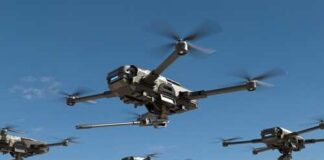 A swarm of drones flying in a clear blue sky