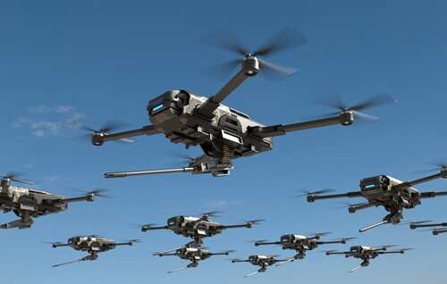 Armed,Drones,Are,Moving,Towards,The,Battlefield,,Futuristic,Aerial,Attack A swarm of drones flying in a clear blue sky