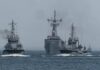 Warship Duo Stirs Pacific Nerves Three naval vessels navigating through the ocean