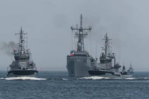Gdynia,,Pomeranian,Region,-,Poland,-,August,15,,2025:,Warships Three naval vessels navigating through the ocean