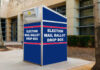 Blue election mail ballot drop box outside building.