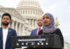 Three people speaking in front of US Capitol building