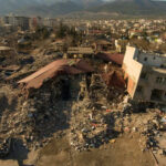 Cityscape with collapsed buildings and rubble after earthquake