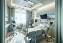 Modern hospital room with medical equipment and empty bed.