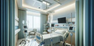 Modern hospital room with medical equipment and empty bed.