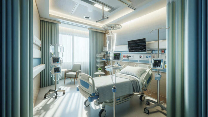 2497568401 Modern hospital room with medical equipment and empty bed.