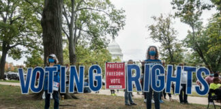 People holding Voting Rights sign near the Capitol building.