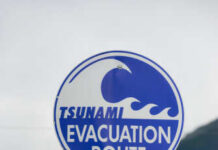 Pre-Dawn 7.7 Quake: Now Tsunami Panic Sign indicating tsunami evacuation route with a wave graphic