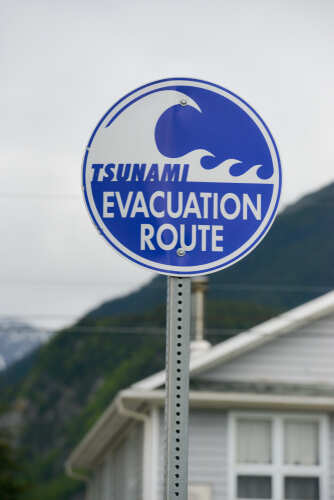 Sign indicating tsunami evacuation route with a wave graphic