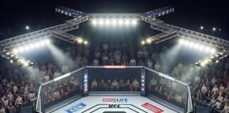 UFC octagon surrounded by a crowd in a sports arena