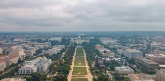 National Mall aerial view with Capitol building in the distance