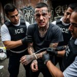 A man with tattoos being arrested by ICE agents in an urban environment