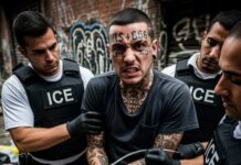 Shocking New ICE Tool — Instant Pain! A man with tattoos being arrested by ICE agents in an urban environment