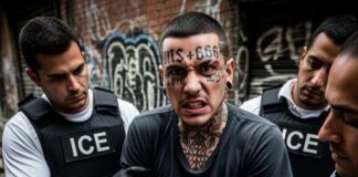 A man with tattoos being arrested by ICE agents in an urban environment