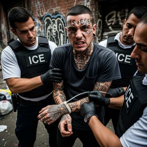 Ms-13,Gang,Memeber,With,666,On,Face,Sneering,Being,Arrested A man with tattoos being arrested by ICE agents in an urban environment