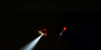 Two helicopters in night sky with searchlights