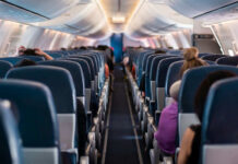Airplane cabin interior with passengers seated inside