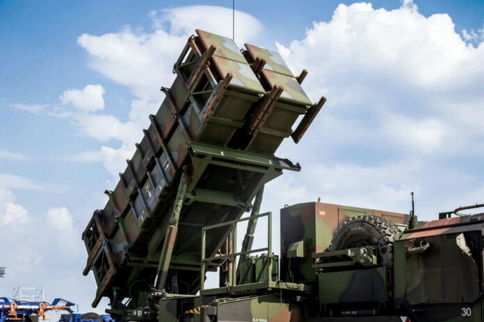 Missile launcher pointed towards the sky.