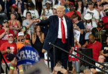 Man pointing in front of cheering crowd at rally.