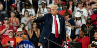Man pointing in front of cheering crowd at rally.