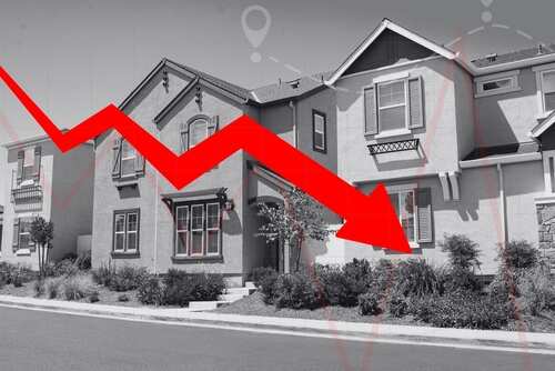 A suburban house with a downward trend line overlay indicating a decline