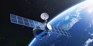 Satellite orbiting Earth with solar panels visible