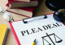 Document titled 'PLEA DEAL' with a gavel and legal books in the background